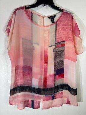 White House Black Market Pink & Cream Abstract Sheer Blouse